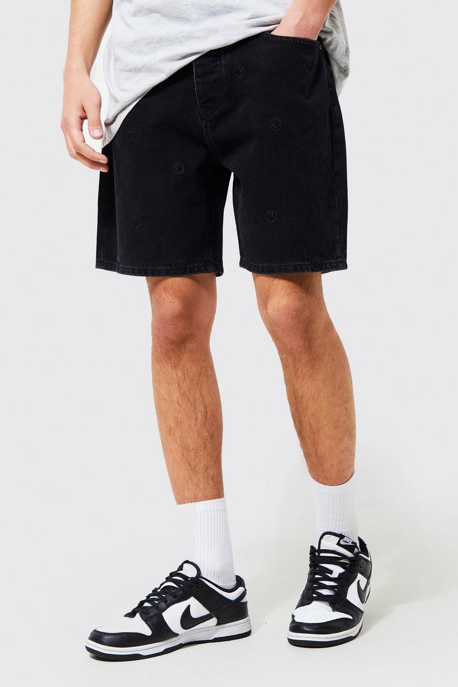 Washed black Relaxed Fit Face Embroidered Denim Short image number 1