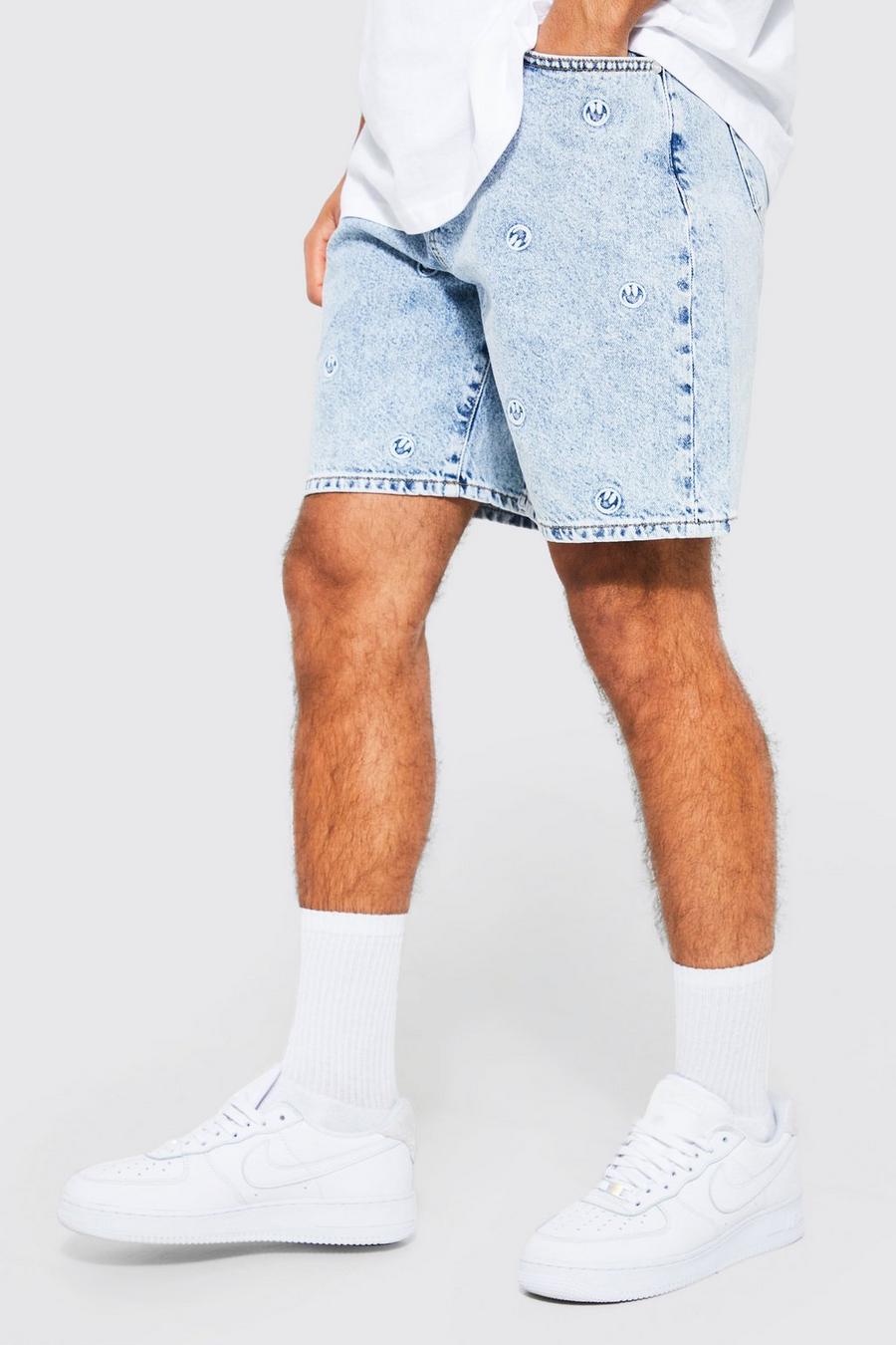 Ice blue Relaxed Fit Face Embroidered Denim Short image number 1