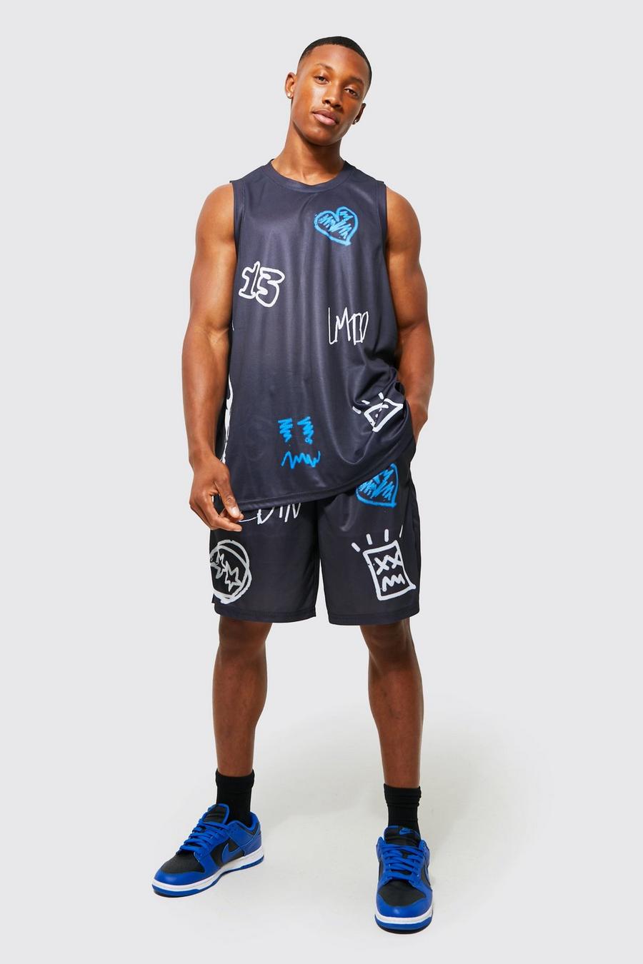 Ensemble de basket à imprimé graffiti en tissu Airtex avec top et short, Black image number 1