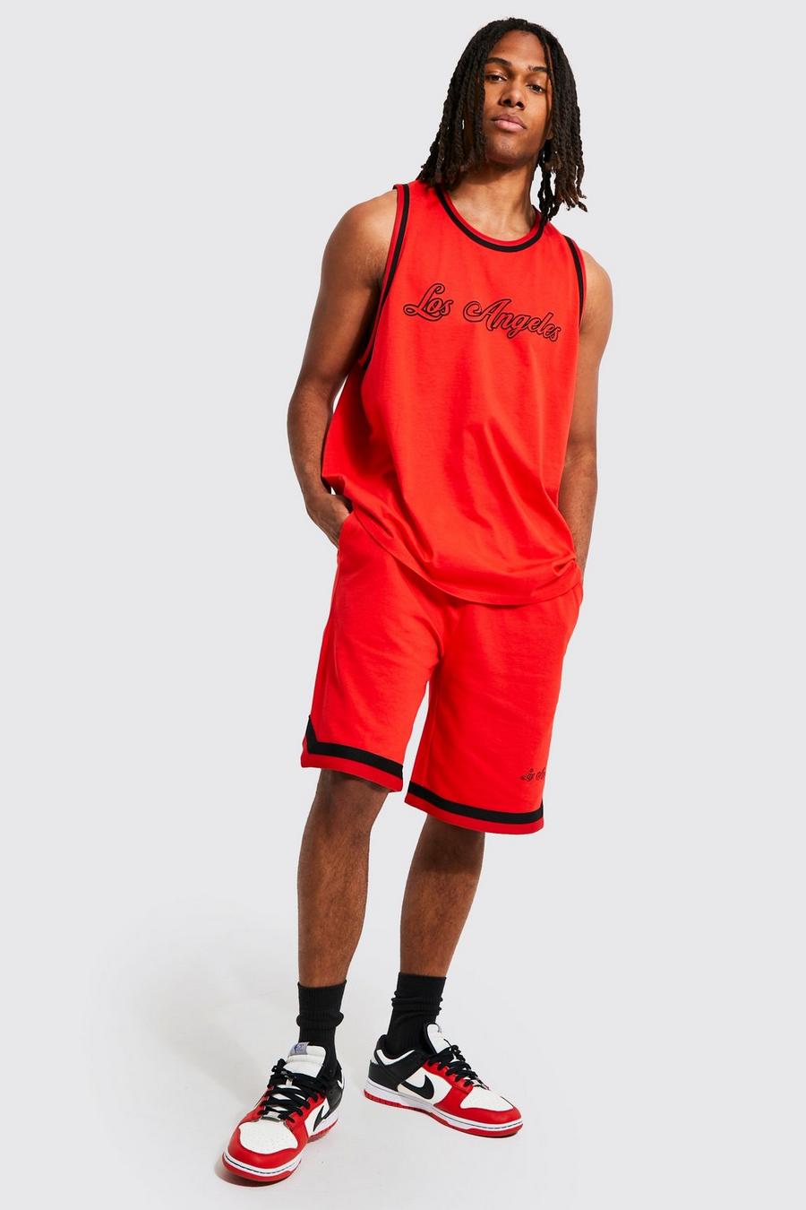 Red Los Angeles Tank & Short Set With Tape image number 1