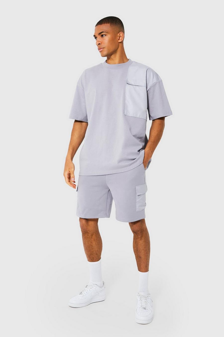 Grey Oversized Nylon Pocket T-shirt & Short Set image number 1