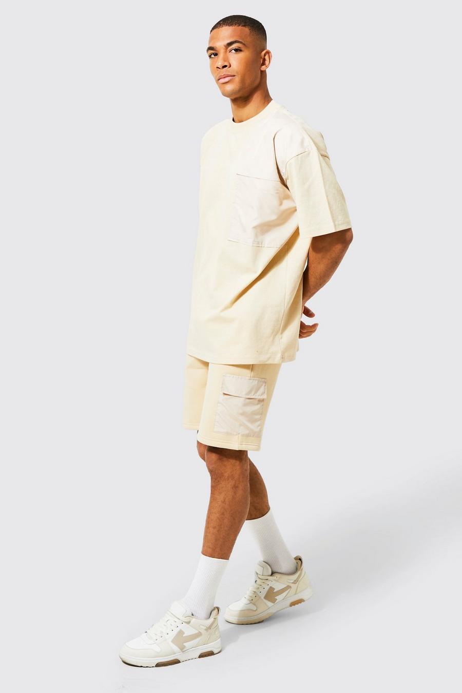 Sand beige Oversized Nylon Pocket T-shirt & Short Set