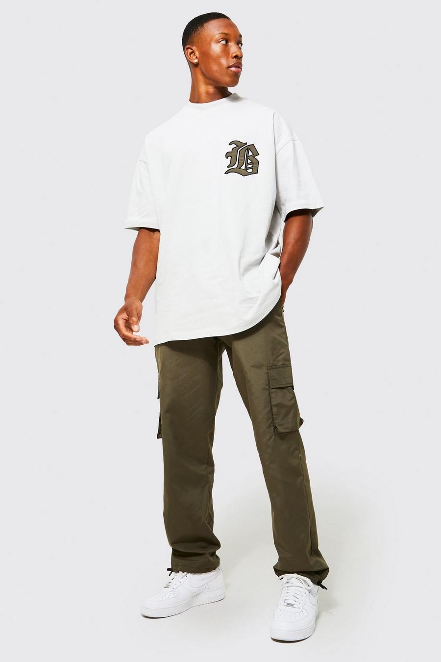 Ensemble oversize avec t-shirt et pantalon cargo, Khaki image number 1