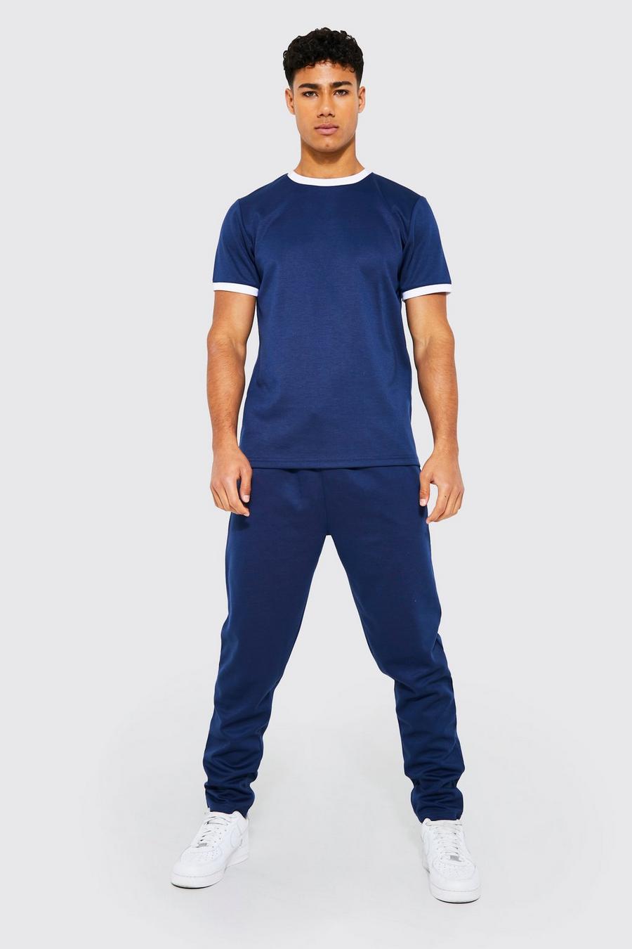 Conjunto de pantalón deportivo y camiseta ajustada con ribetes en los filos, Navy azul marino image number 1