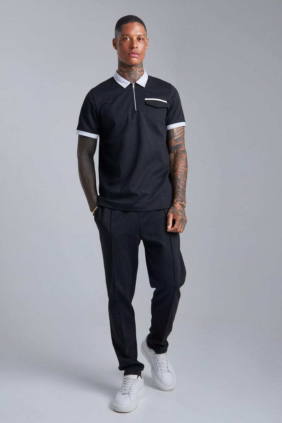 Slim-Fit Kontrast Poloshirt und Jogginghose, Black