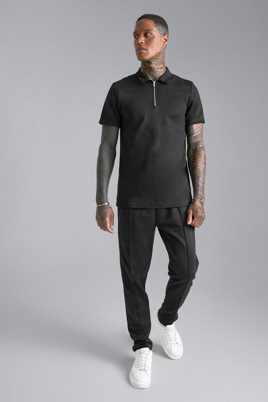 שחור סט מכנסי טרנינג וחולצת פולו בגזרה צמודה עם 1/4 רוכסן image number 1