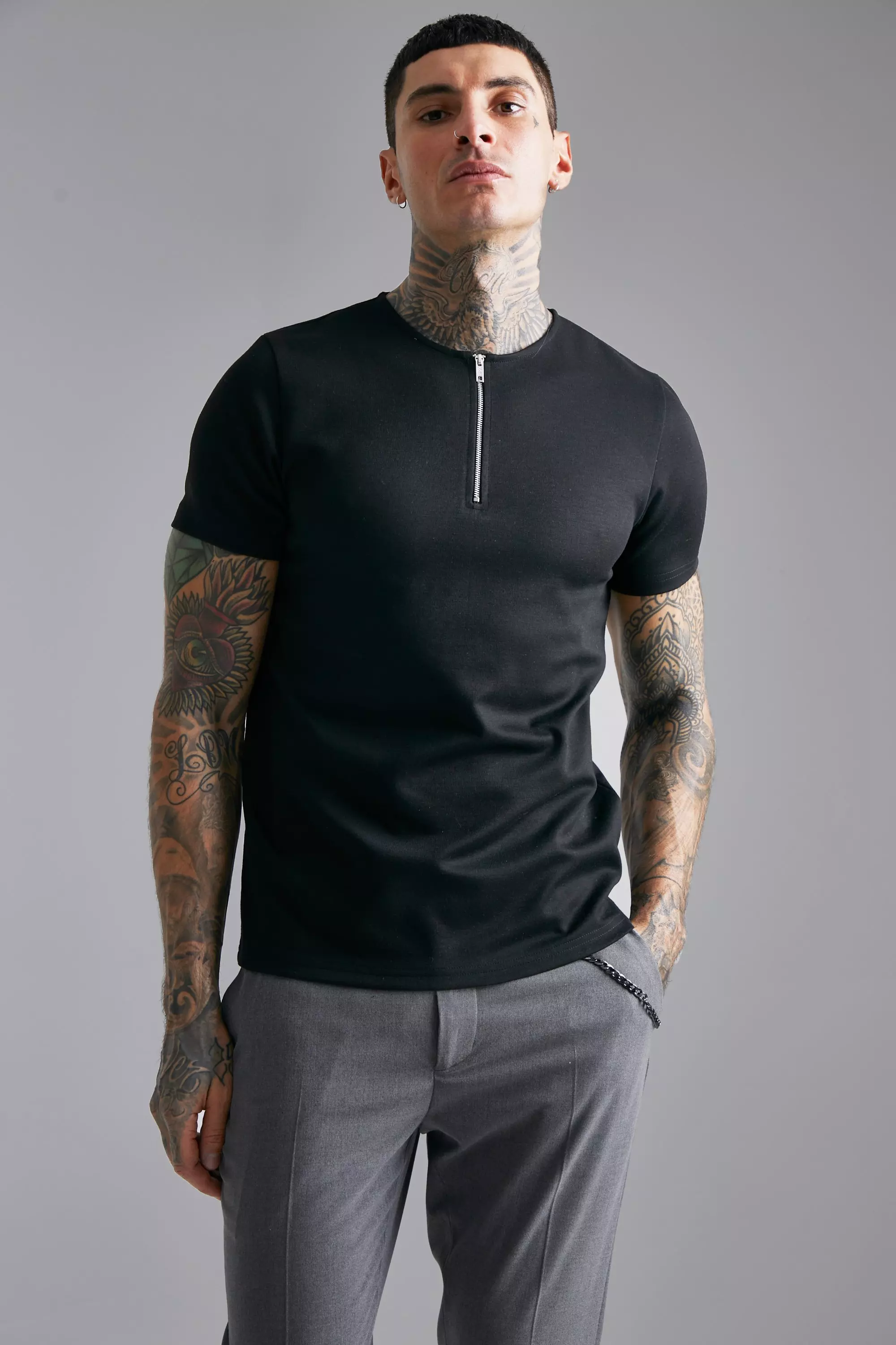 Black collarless shop polo shirt