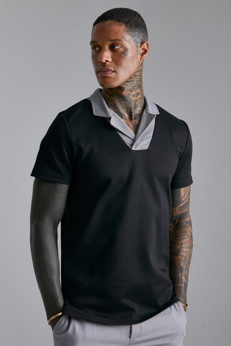 שחור חולצת פולו בגזרה צרה ובצבעים מנוגדים עם צווארון מחויט image number 1