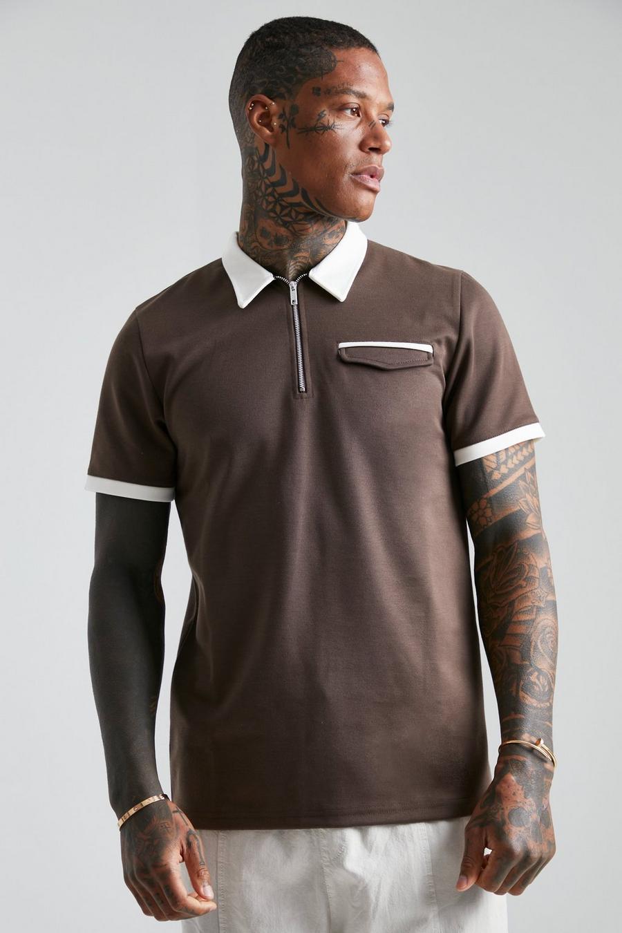 Chocolate brun Slim Fit Contrast Pocket Detail Polo