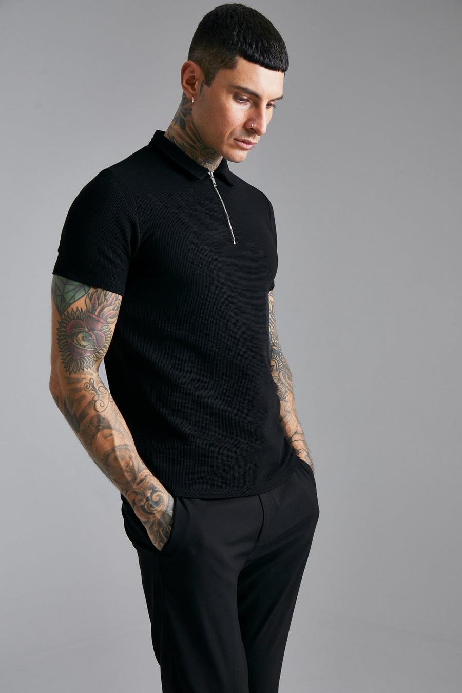 Black Slim Fit Waffle 1/4 Zip Polo image number 1