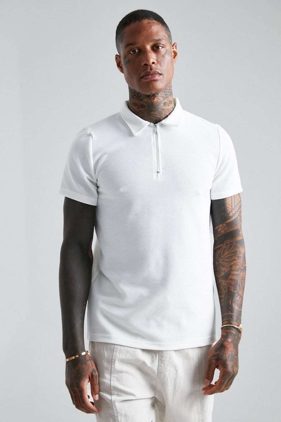 White Slim Fit Waffle 1/4 Zip Polo
