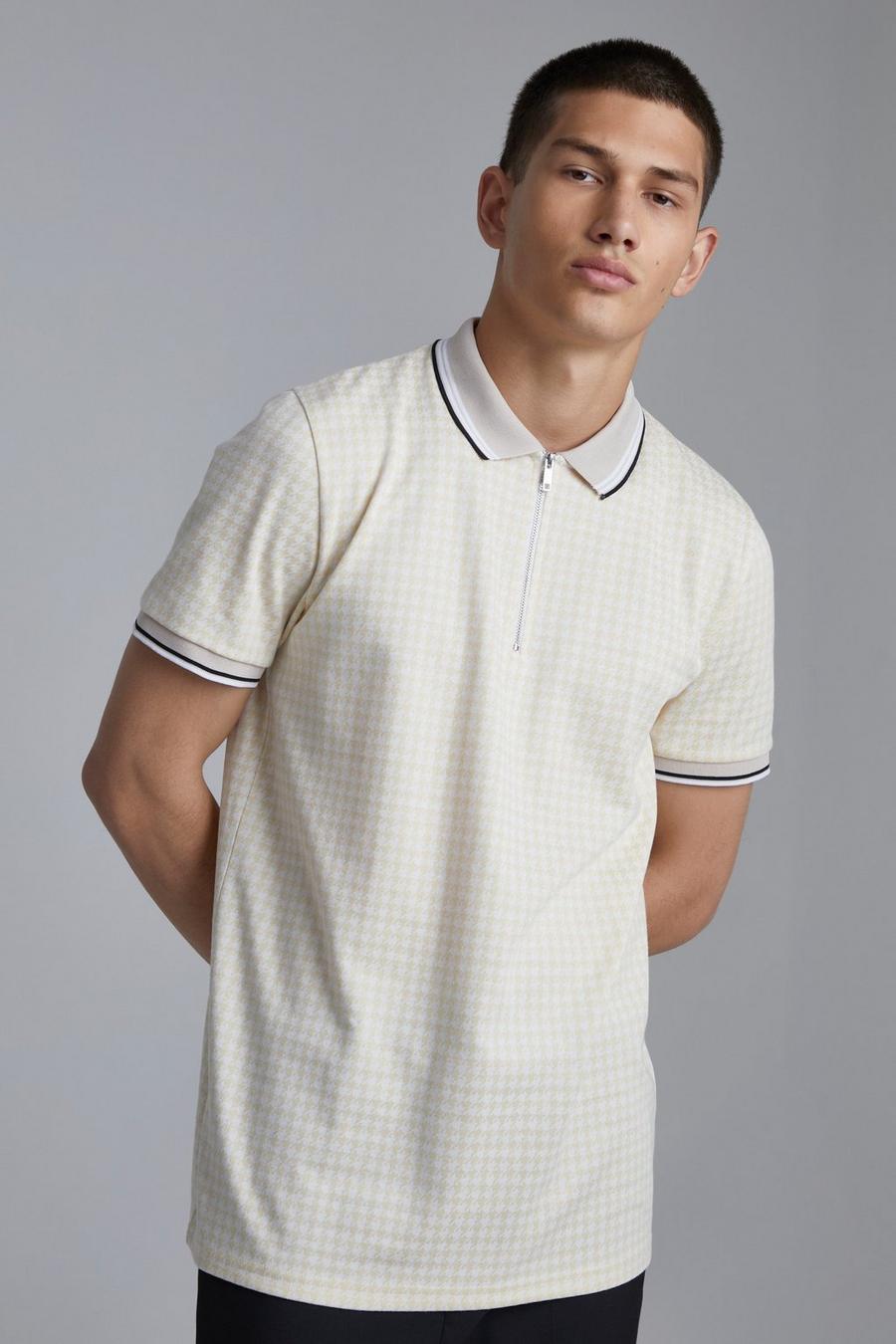 Sand beis Slim Fit 1/4 Zip Jacquard Polo With Tipping
