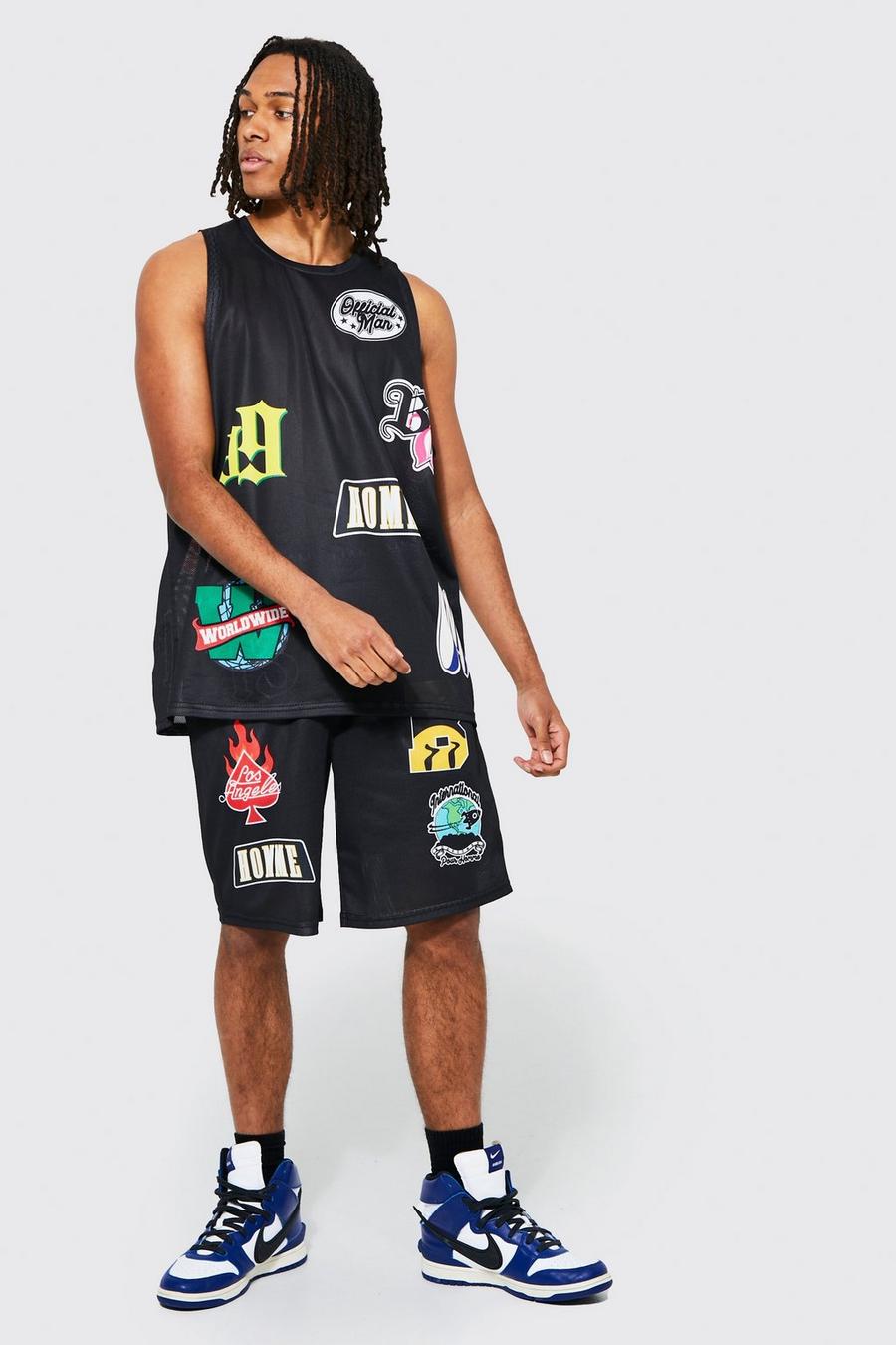 Black schwarz  Varsity Badge Basketball Vest & Short Set