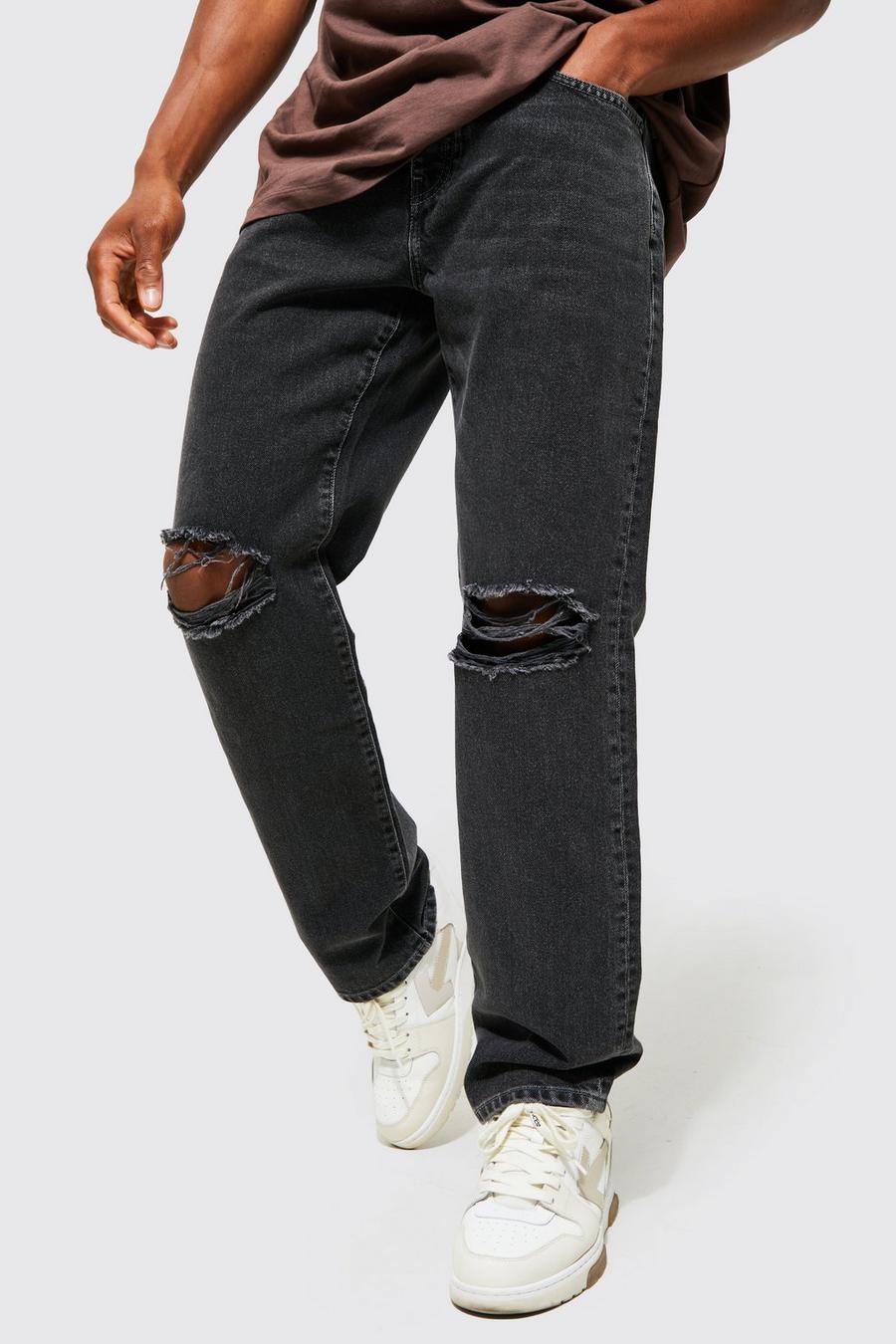 אפור כהה ג'ינס בגזרה משוחררת וקרעים בברכיים image number 1