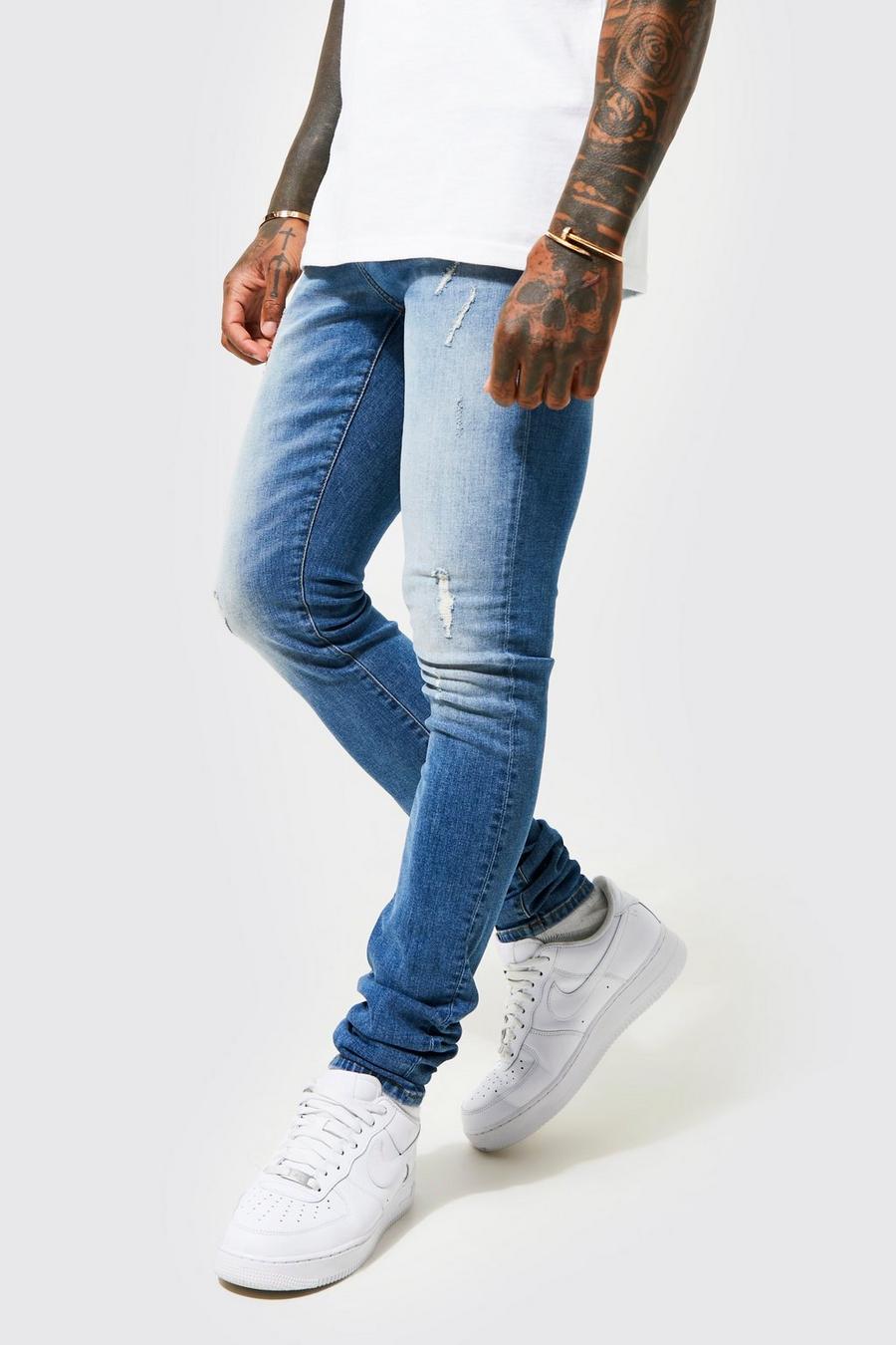 Mid blue Skinny Stretch Stacked Distressed Jeans image number 1