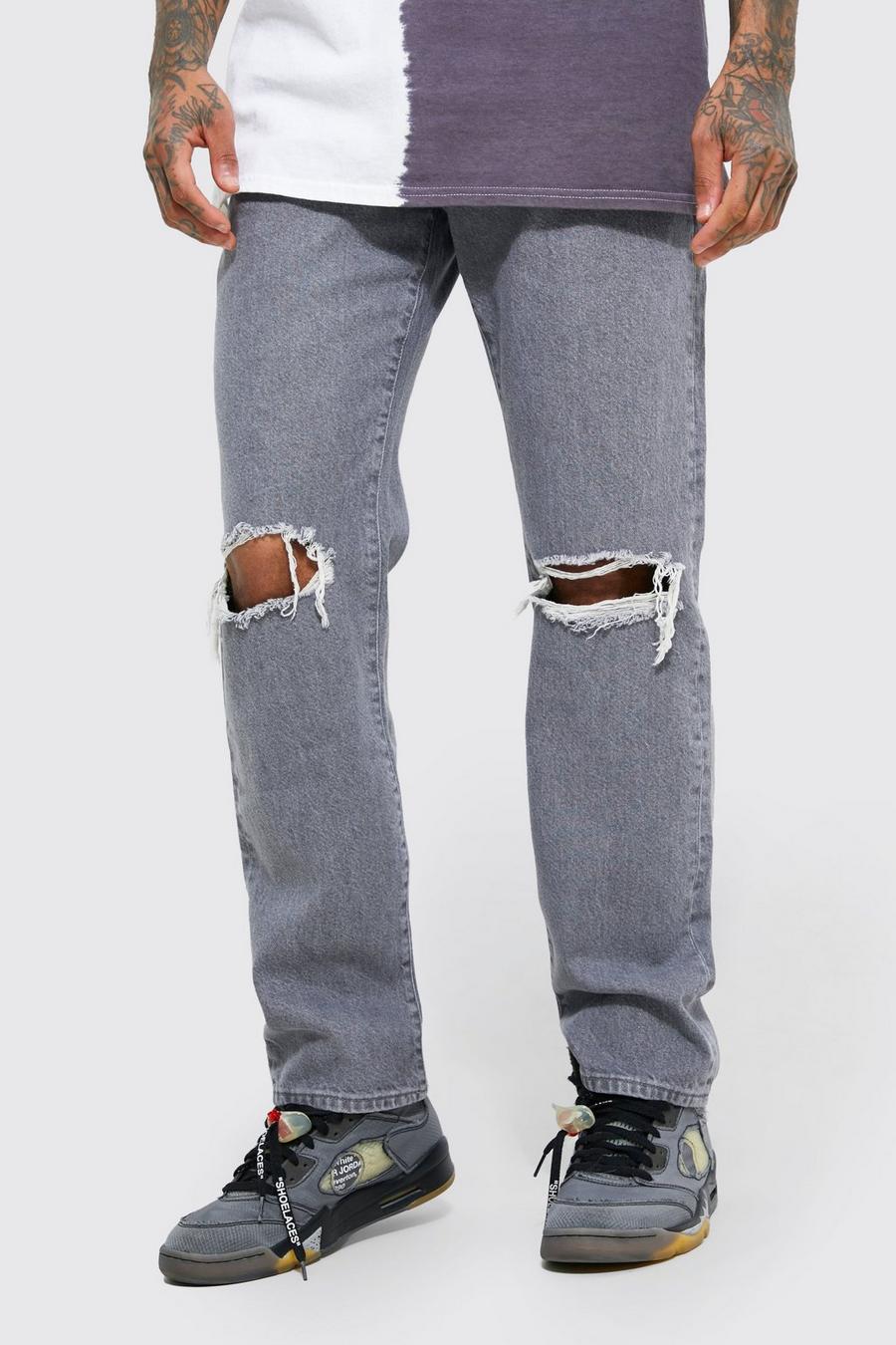 אפור ג'ינס משופשף בגזרה משוחררת עם קרע בברך image number 1