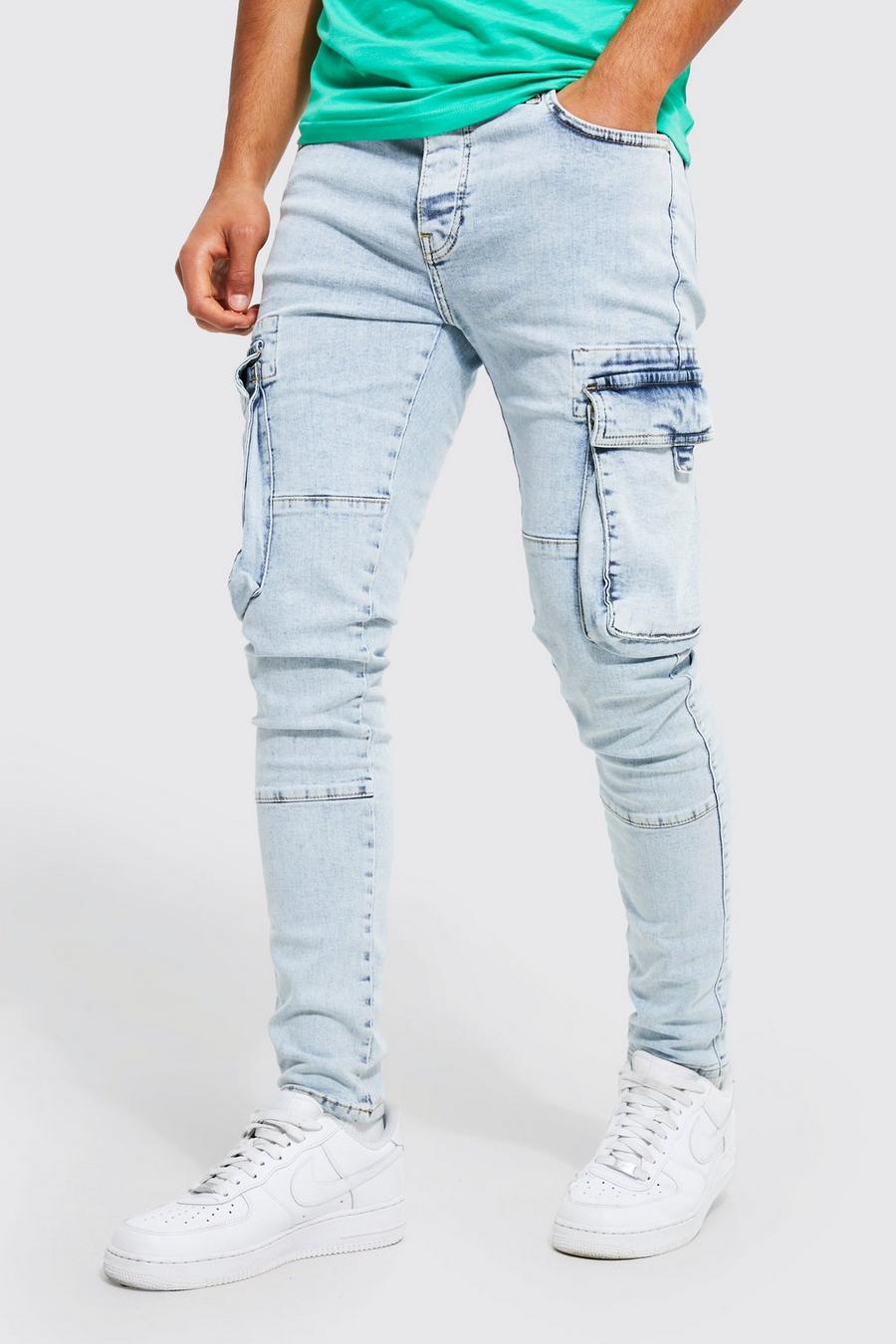 Skinny Stretch Cargo-Jeans mit 3D-Taschen, Ice blue
