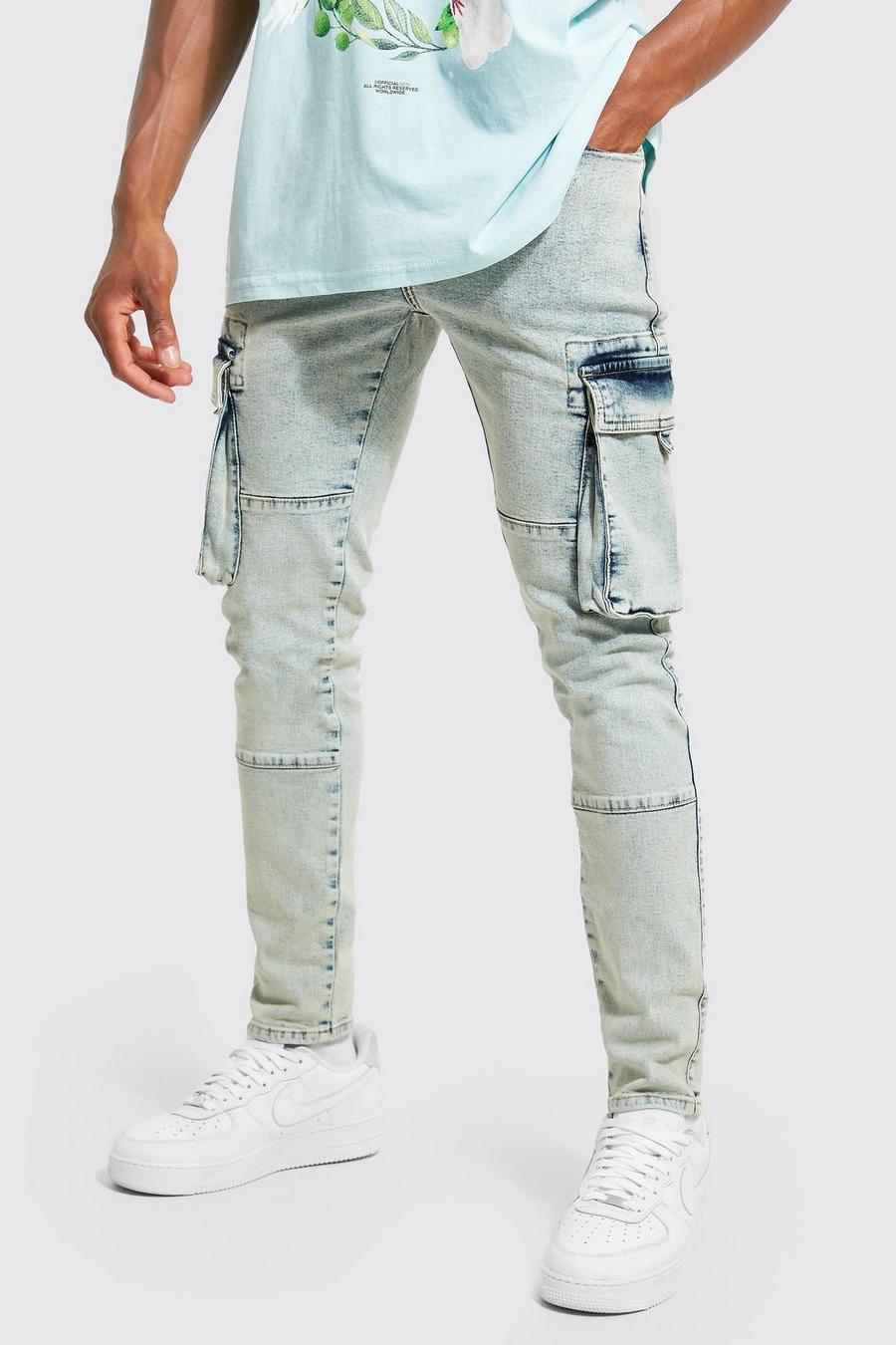 Blue Womens Mens Clothing Mens Jeans Skinny jeans Boohoo Denim Skinny Stretch 3d Pocket Cargo Jeans in Ice Blue 