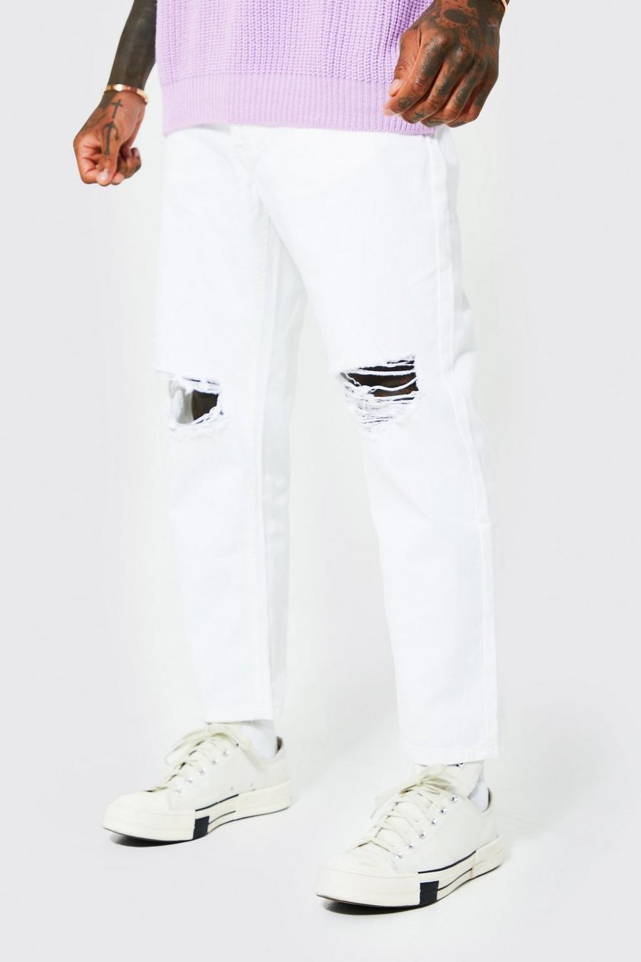 White Ingekorte Jeans Met Versleten Knieën En Rechte Pijpen image number 1