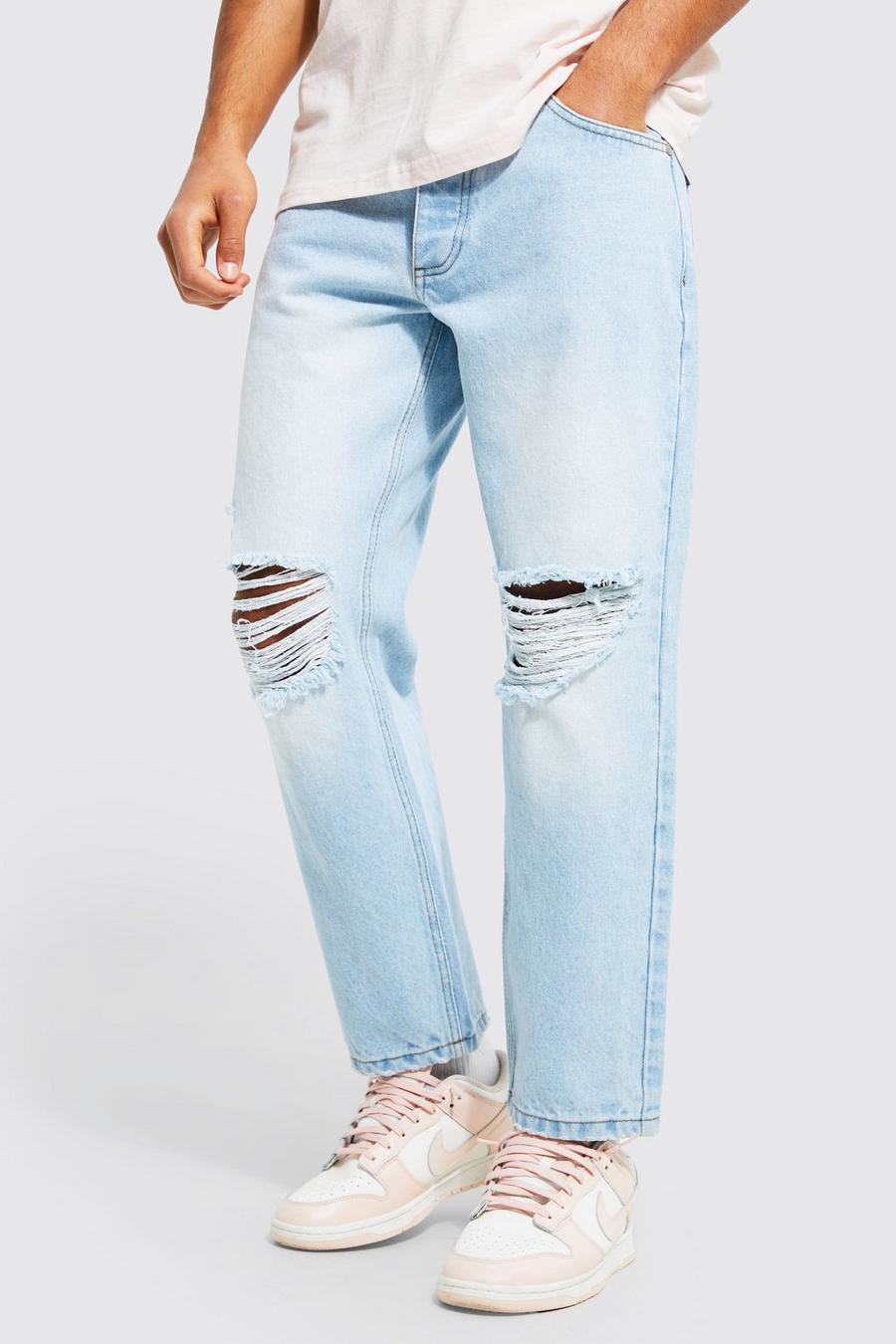 Light blue Straight Cropped Busted Knee Jeans image number 1