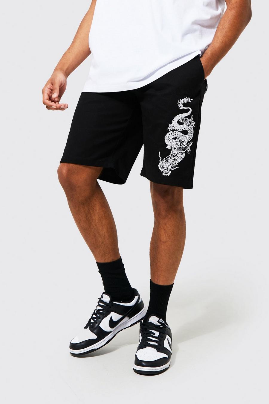 Black Relaxed Fit Dragon Embroidered Shorts image number 1