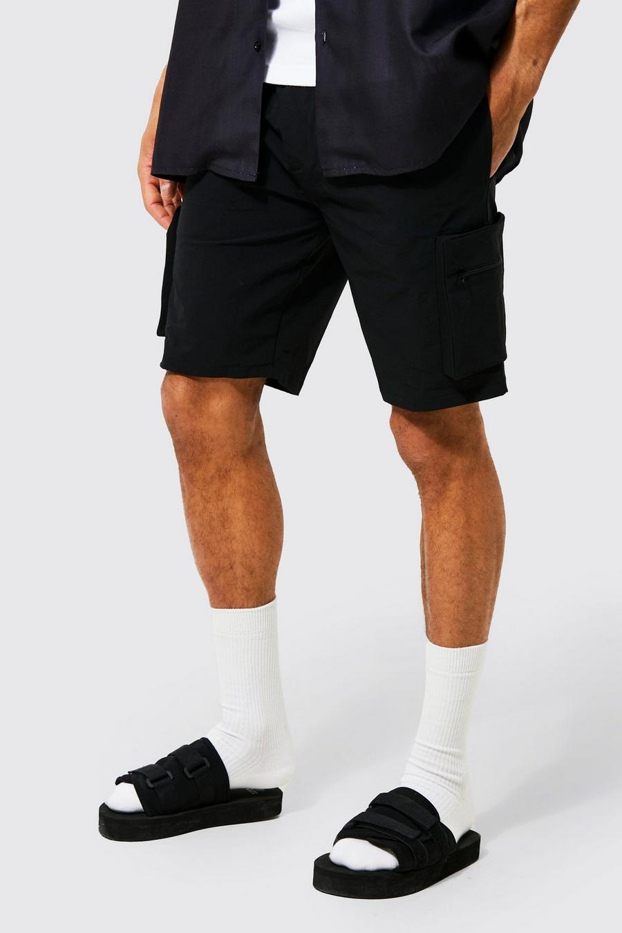 Pantalón corto cargo ajustado elástico técnico con cremallera, Black negro