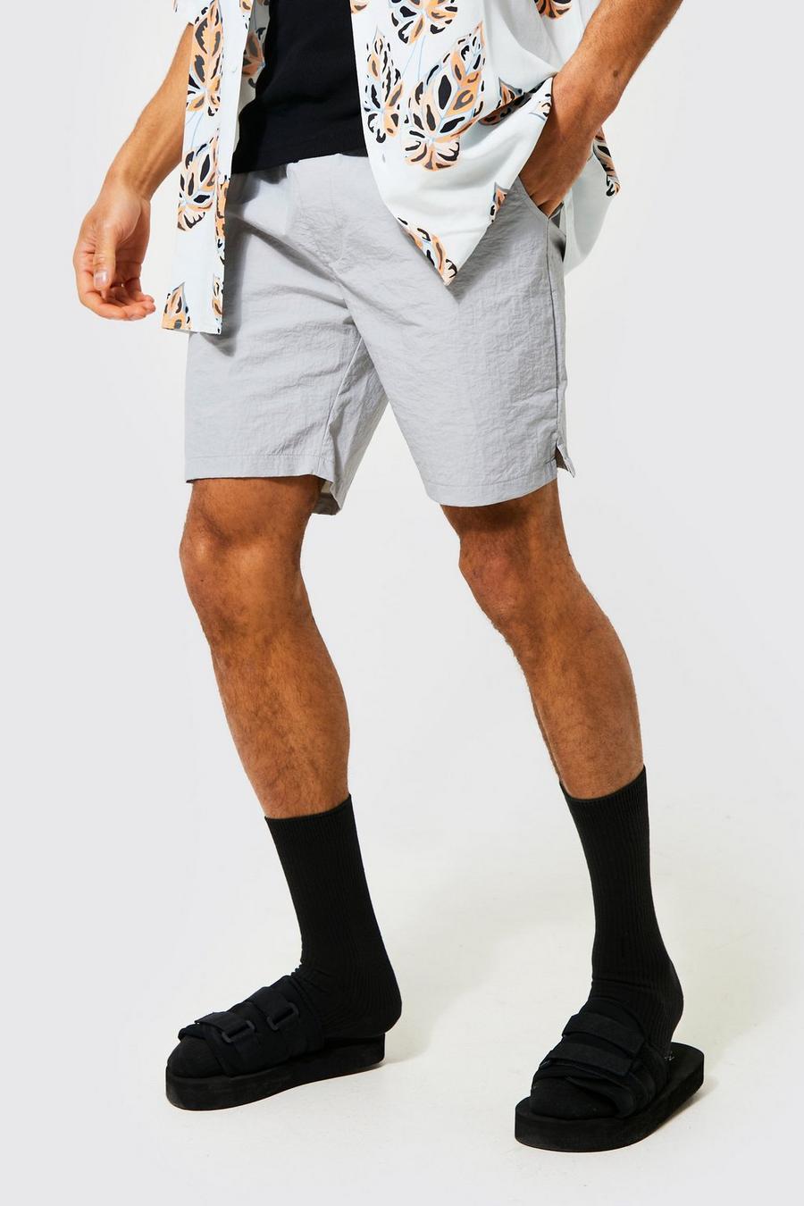 Grey Regular Fit Crinkle Shell Split Hem Shorts image number 1