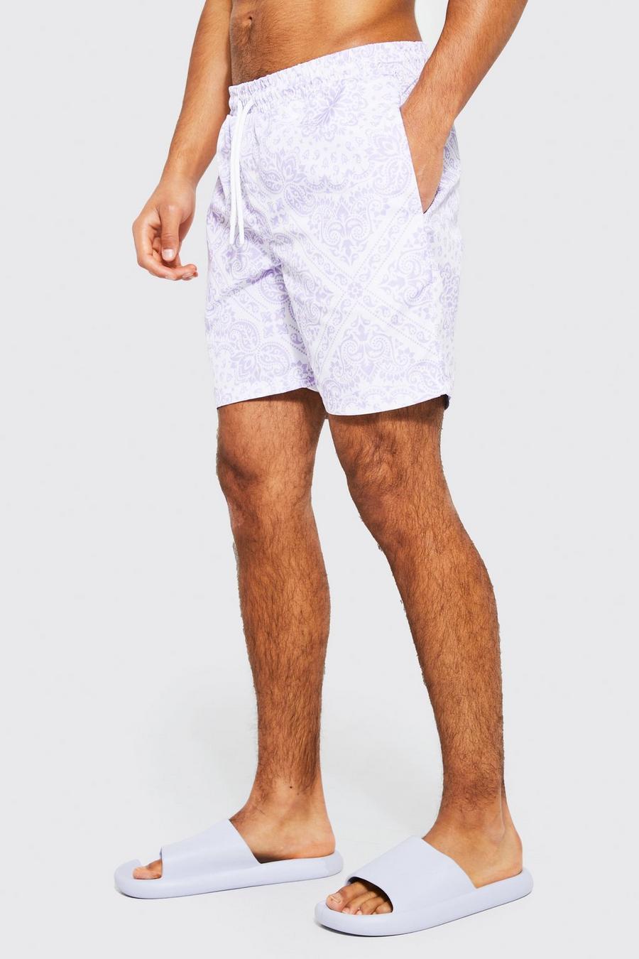 Lilac Regular Fit All Over Bandana Print Swim Shorts image number 1