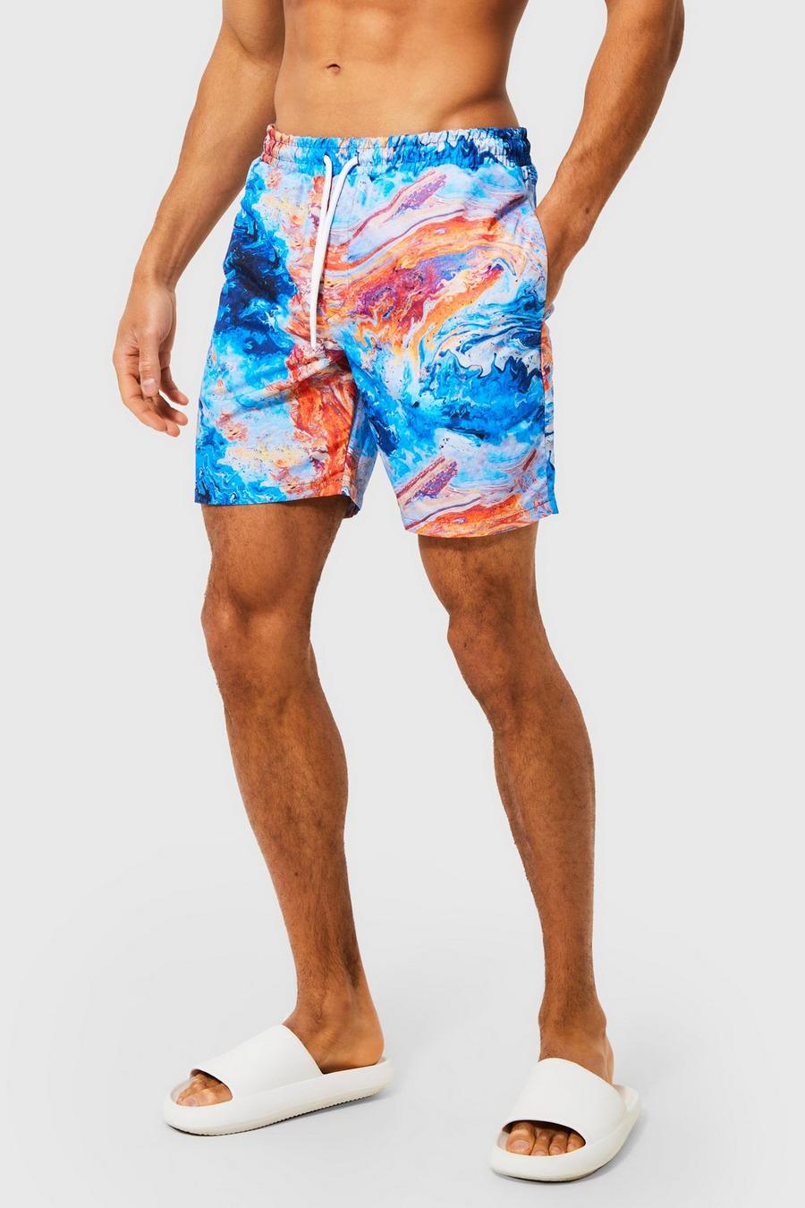 Blue Regular Fit All Over Marble Print Swim Shorts image number 1