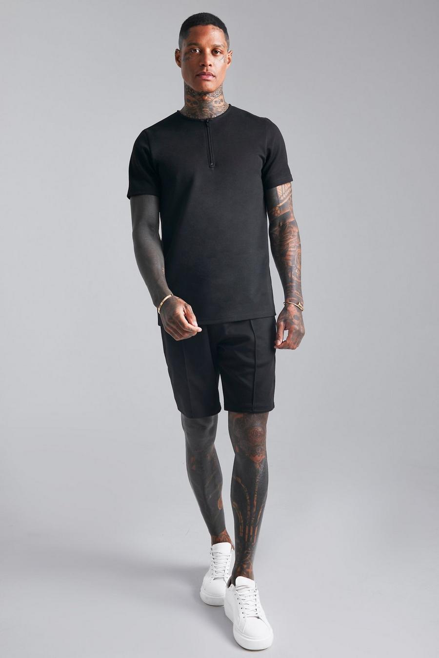 Black Slim Collarless Polo And Short Set image number 1