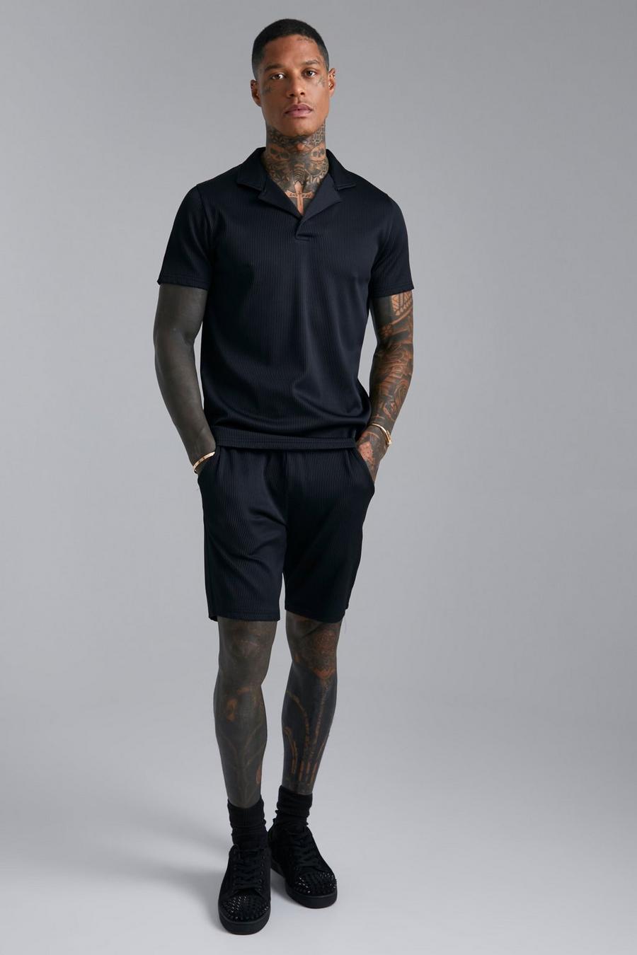 Black Slim Fit Pleated Polo And Short Set image number 1