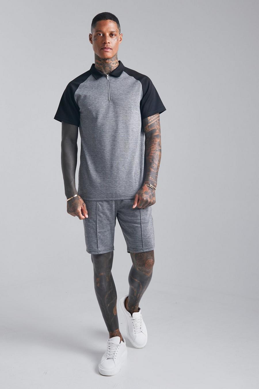 Jacquard Raglan Poloshirt & Shorts, Black image number 1