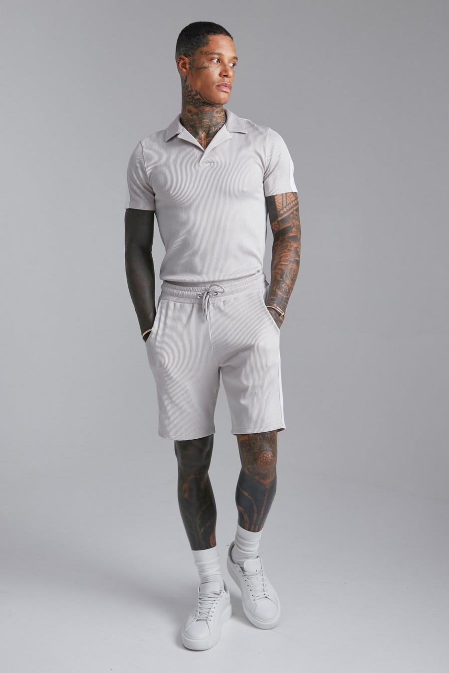 Light grey Muscle Fit Tape Polo And Short Set image number 1