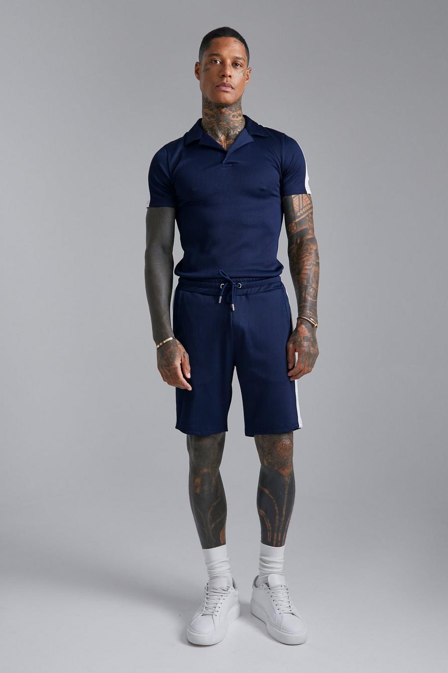Navy Muscle Fit Tape Polo And Short Set image number 1