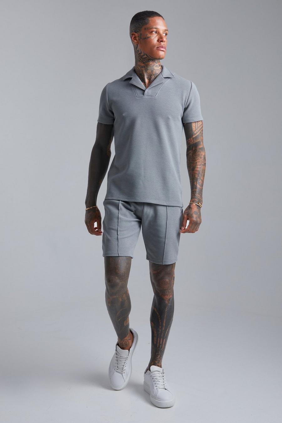 Charcoal grey Jacquard Revere Collar Polo And Short Set