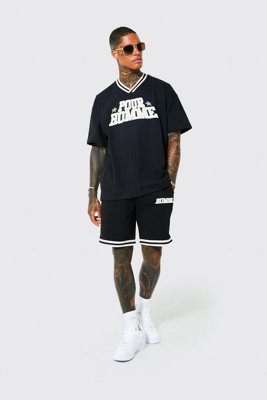 Black Oversized Homme V Neck T-shirt & Short Set image number 1