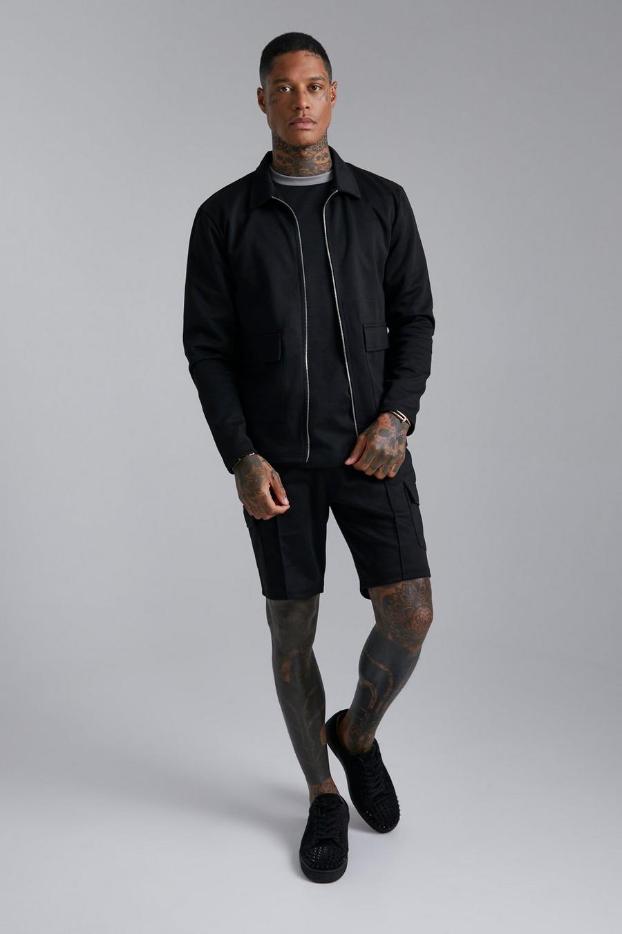 Black Slim Zip Through Harrington & Cargo Short image number 1