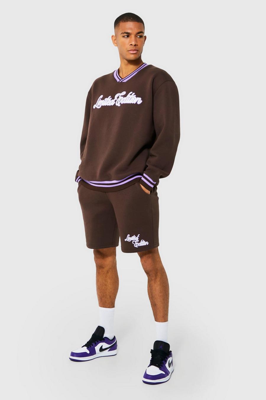 Chocolate brown Limited V Neck Sweater Short Tracksuit