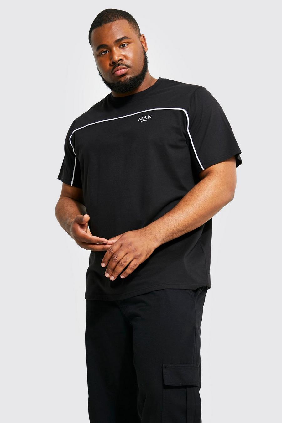 Camiseta Plus con letras MAN romanas y ribete, Black negro