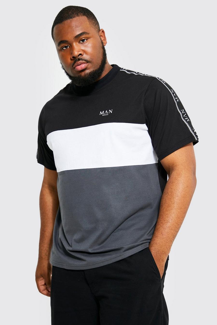 T-shirt Plus Size Man a blocchi di colore con caratteri romani e striscia, Black nero