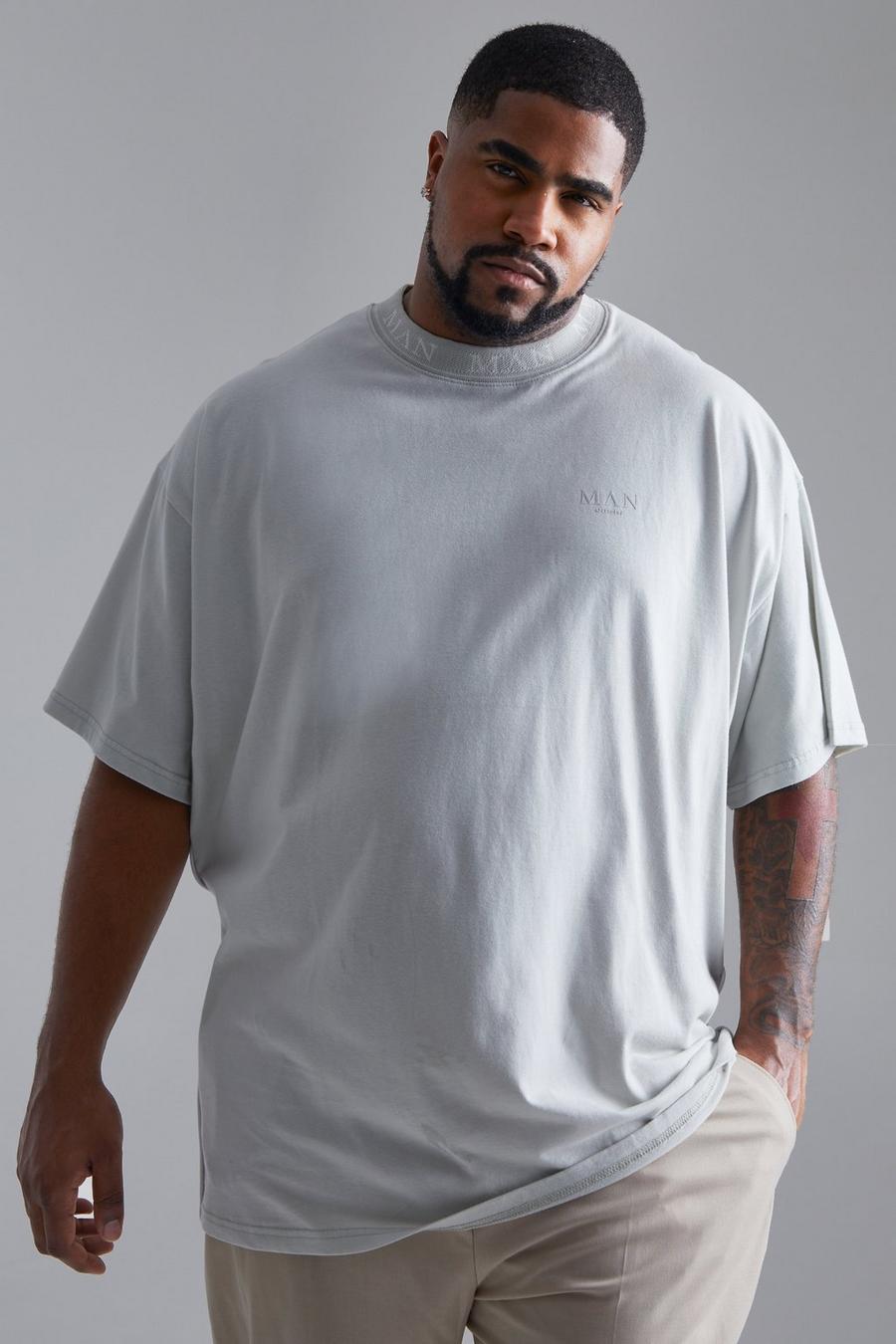 T-shirt Plus Size Man con caratteri romani e girocollo a coste, Light grey gris