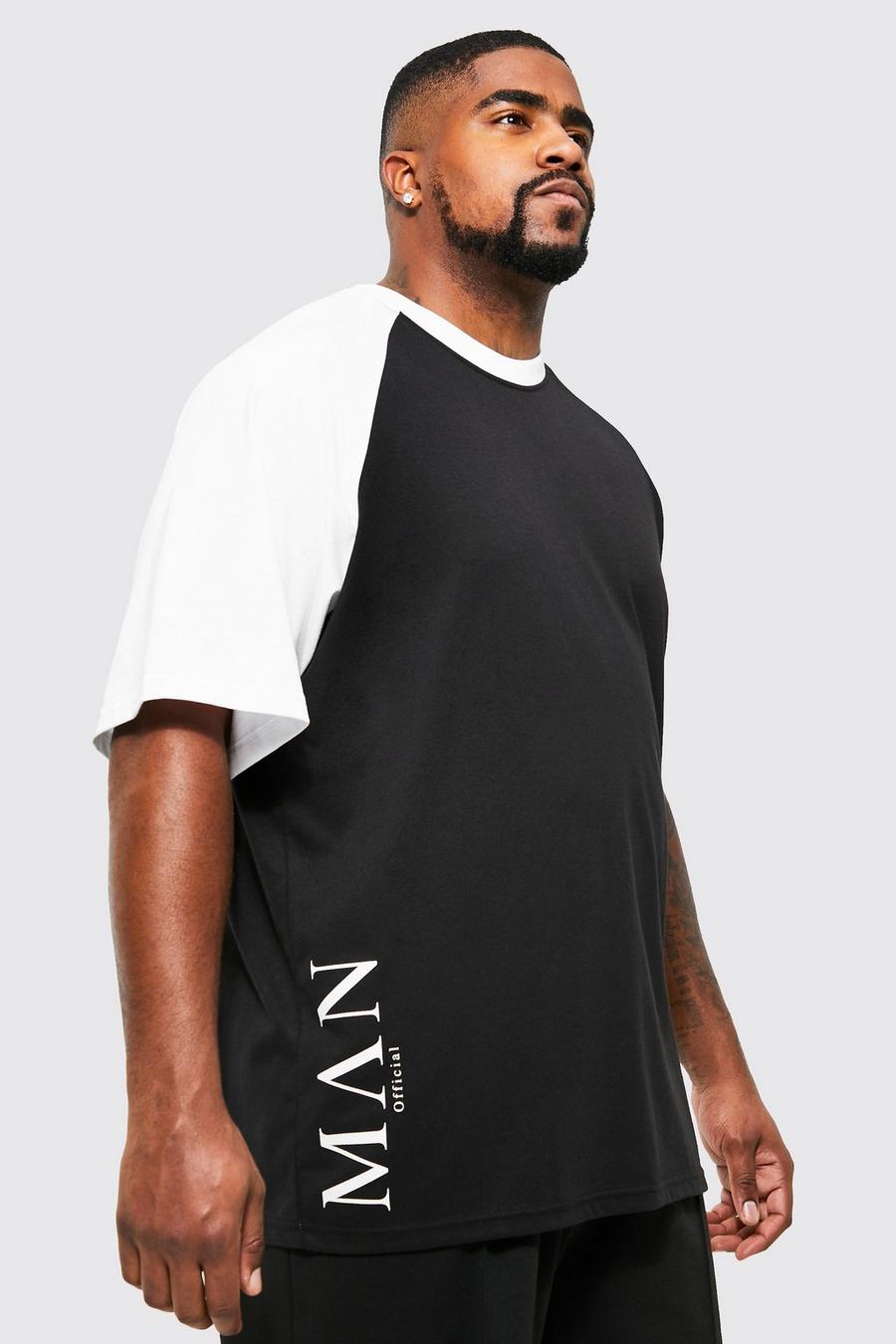 T-shirt Plus Size Man con caratteri romani e maniche raglan, Black nero