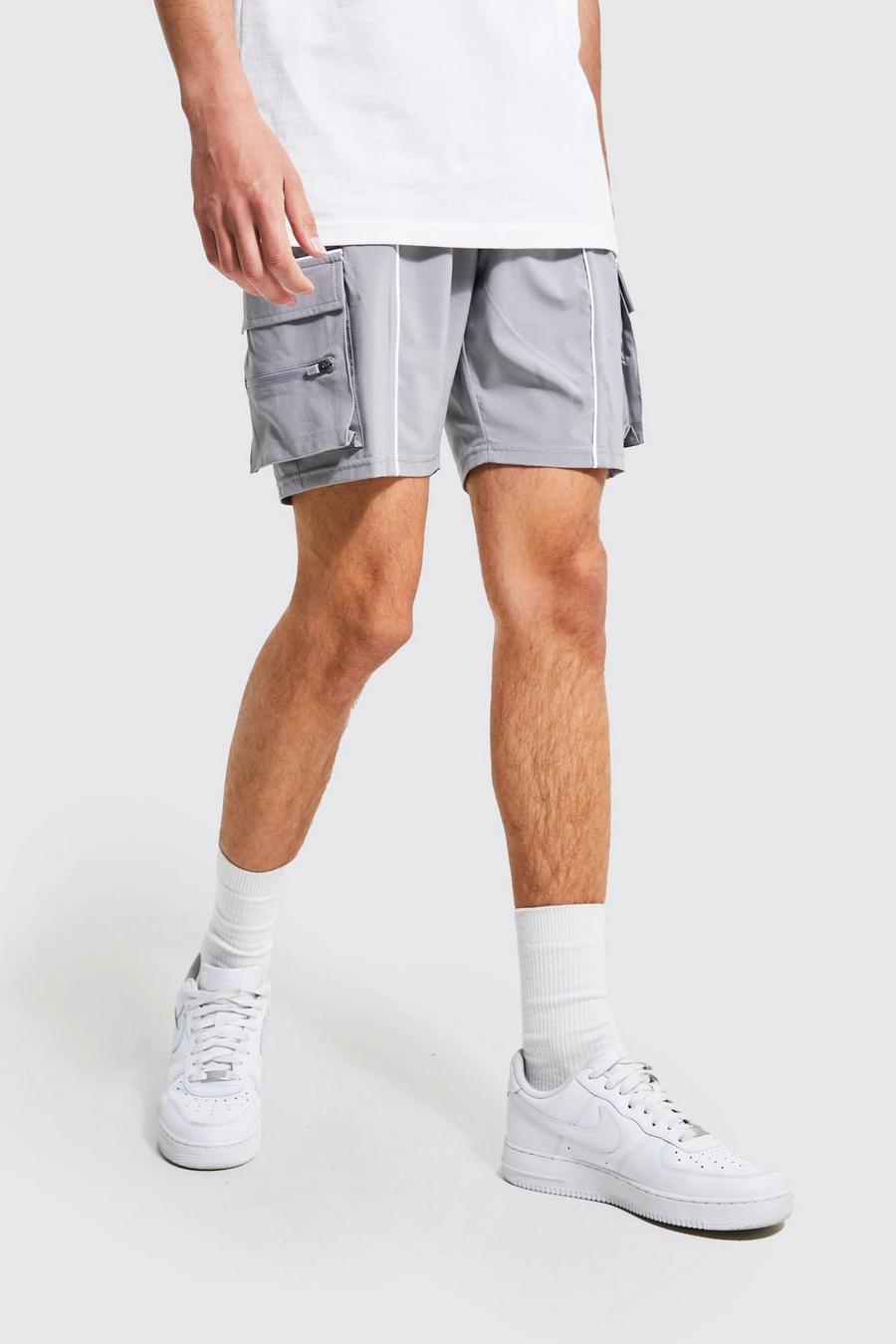 Grey Slim Stretch Piped Cargo Shorts image number 1