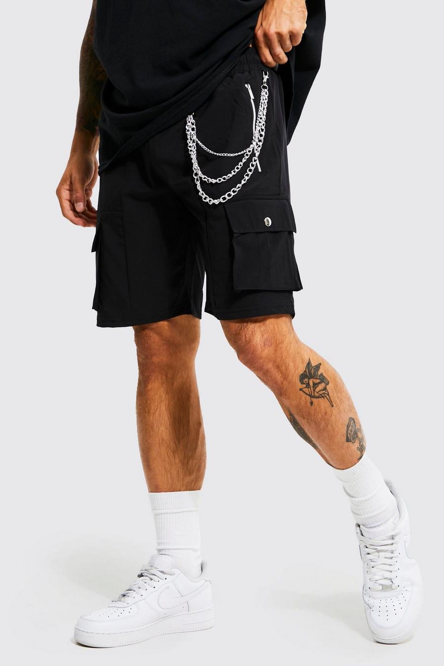 Black noir Slim Stretch Cargo Shorts With Chain