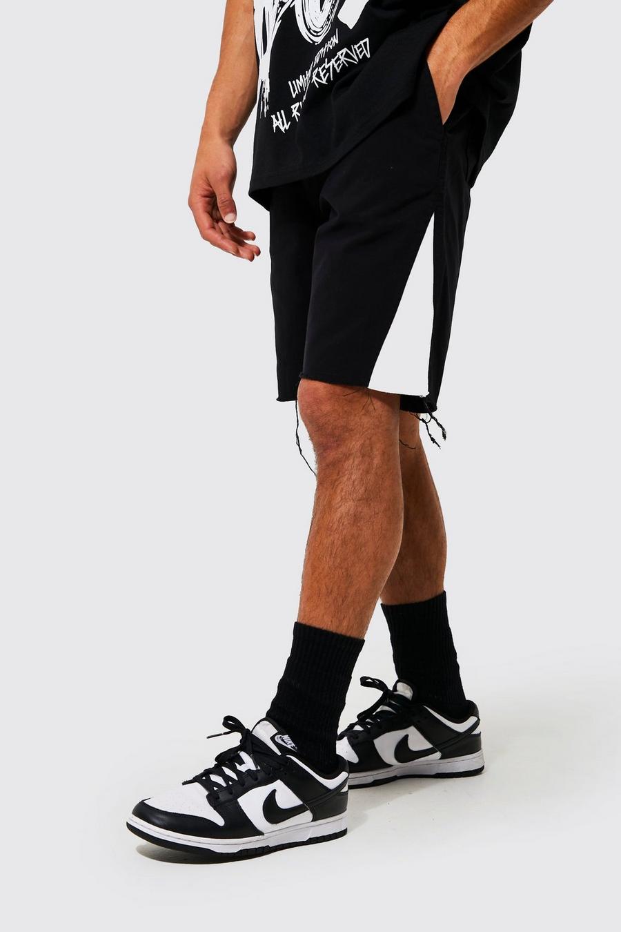 Black Relaxed Fit Raw Hem Panelled Shorts image number 1