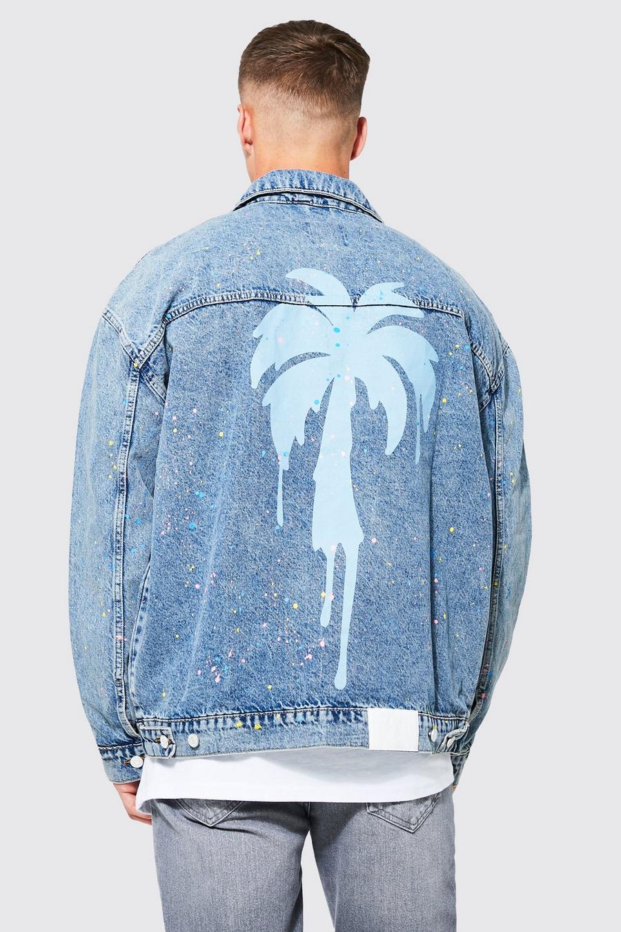 Tall - Veste en jean oversize à imprimé palmier, Light blue image number 1