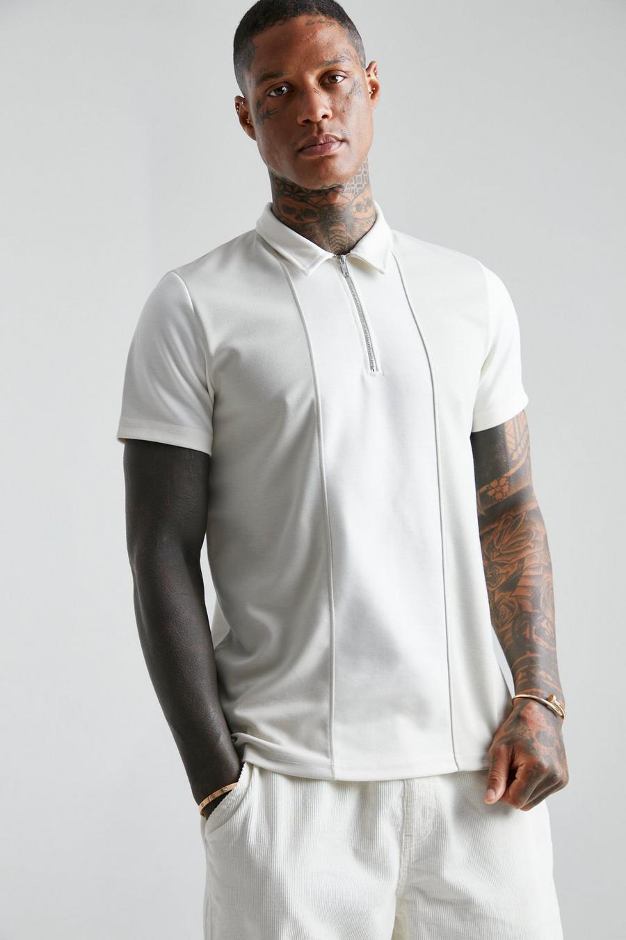 Ecru blanc Smart Slim Zip Neck Polo With Contrast Panel