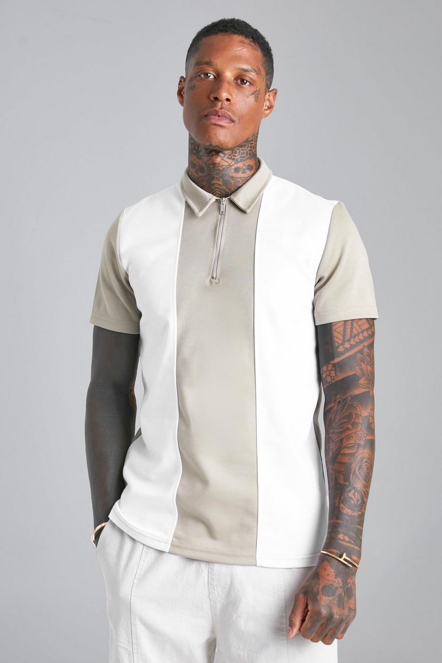 Taupe beige Smart Slim Zip Neck Polo With Contrast Panel
