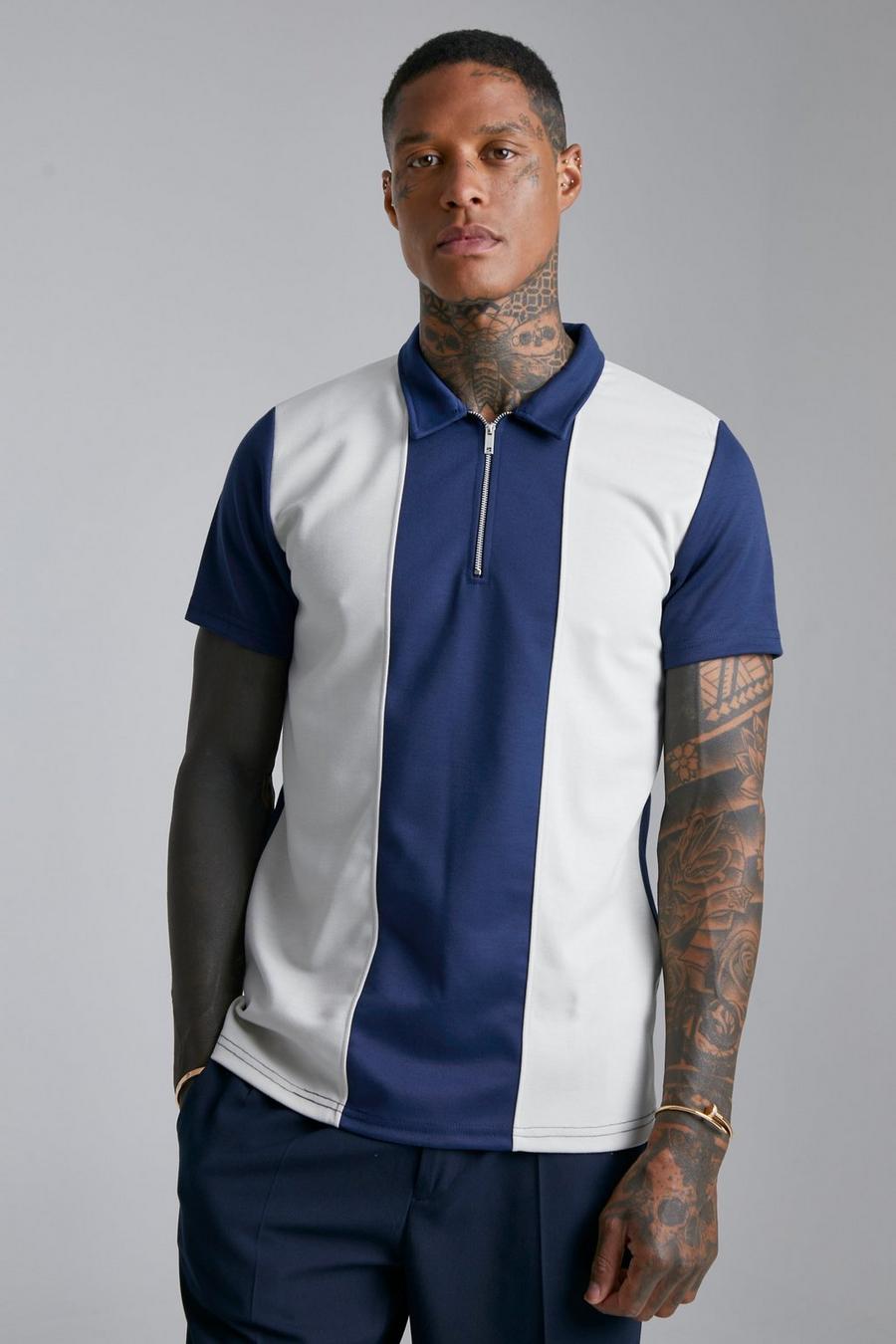 Navy marinblå Smart Slim Zip Neck Polo With Contrast Panel