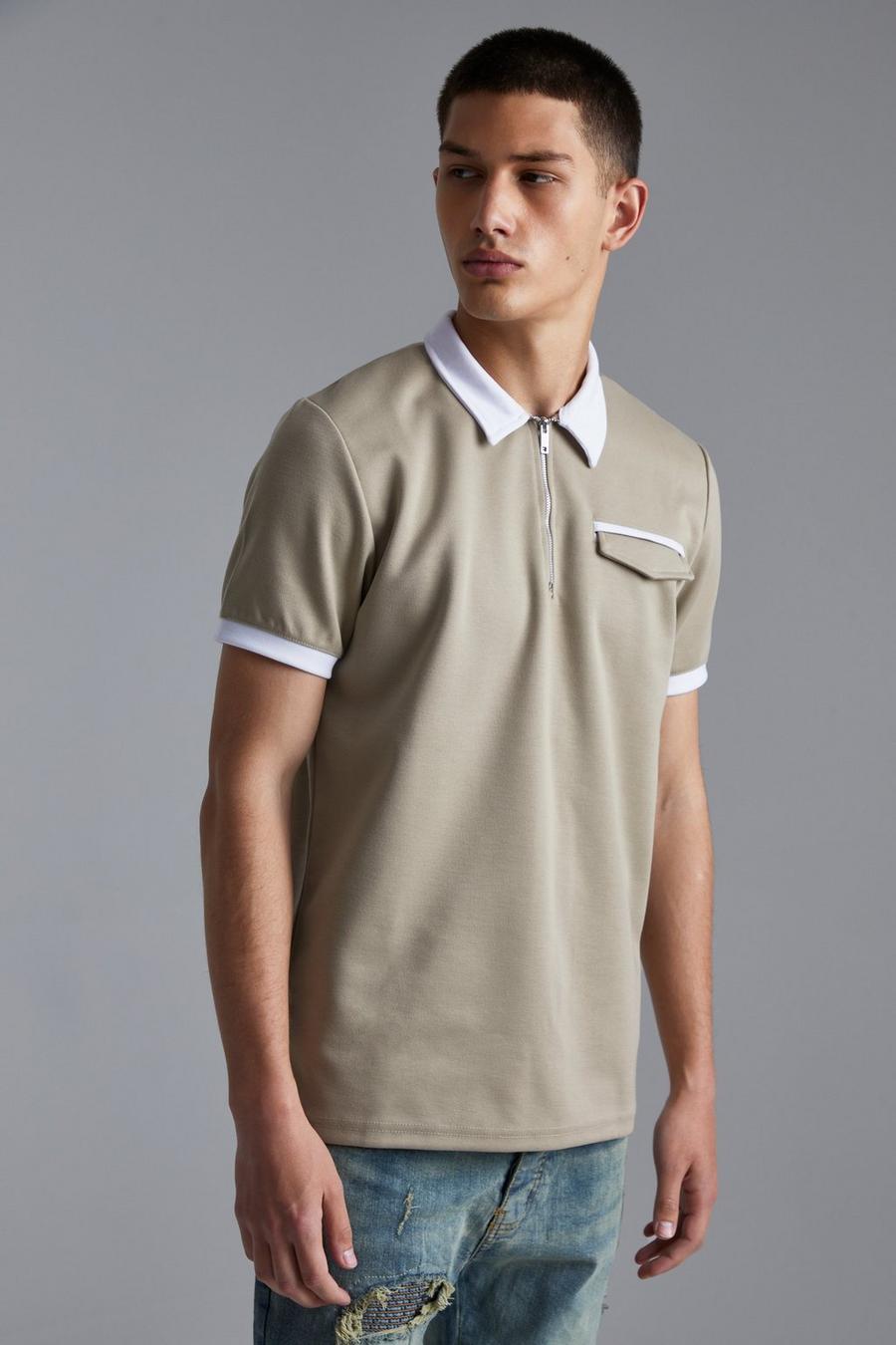 Taupe Smart Muscle Fit Zip Polo With Pocket image number 1